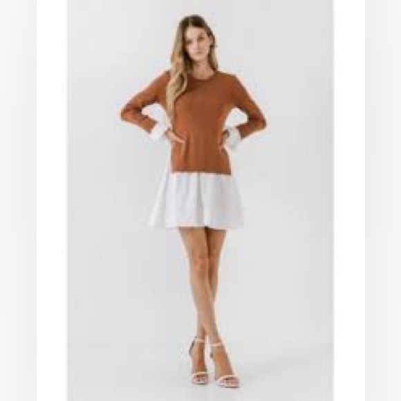 English Factory Dresses & Skirts - English Factory Mixed Media Mini Dress Brown White Size S NWT MINOR FLAW SEE PHO